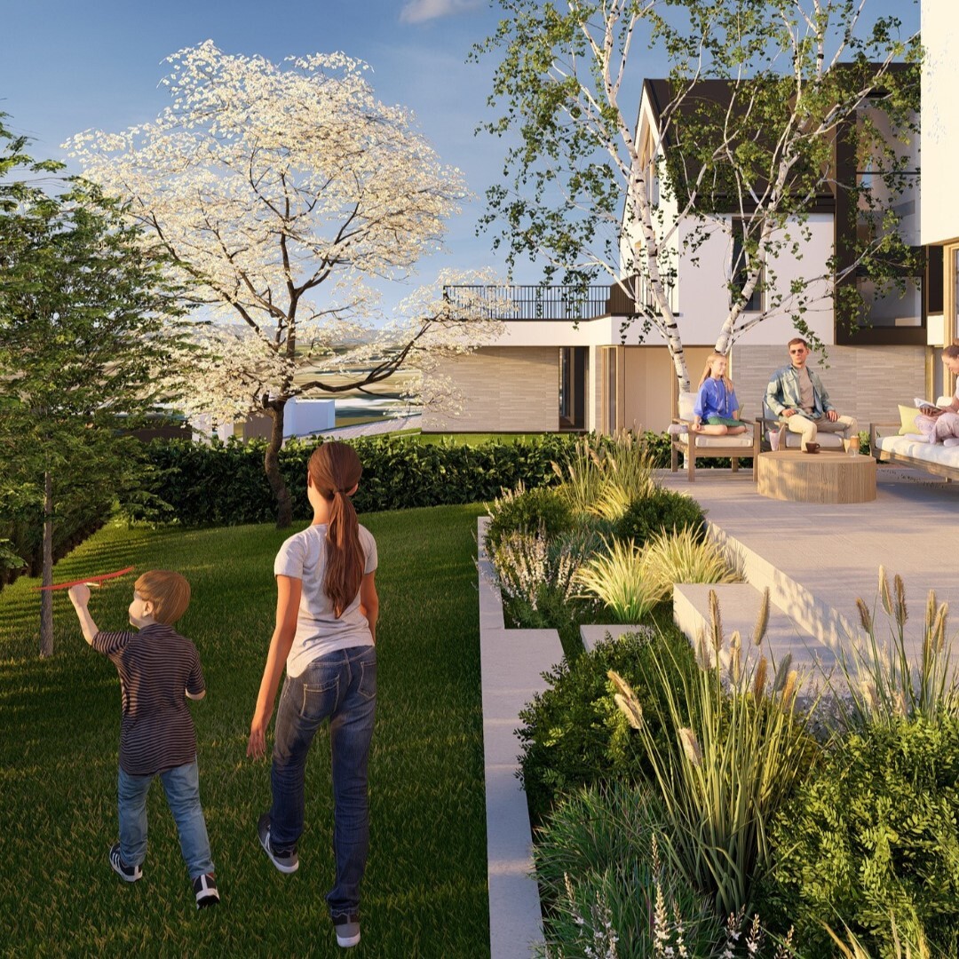 Rodzina spędzająca czas w ogrodzie przy domu — zielone, bezpieczne otoczenie. Rodzina spędzająca czas w ogrodzie przy domu — zielone, bezpieczne otoczenie.