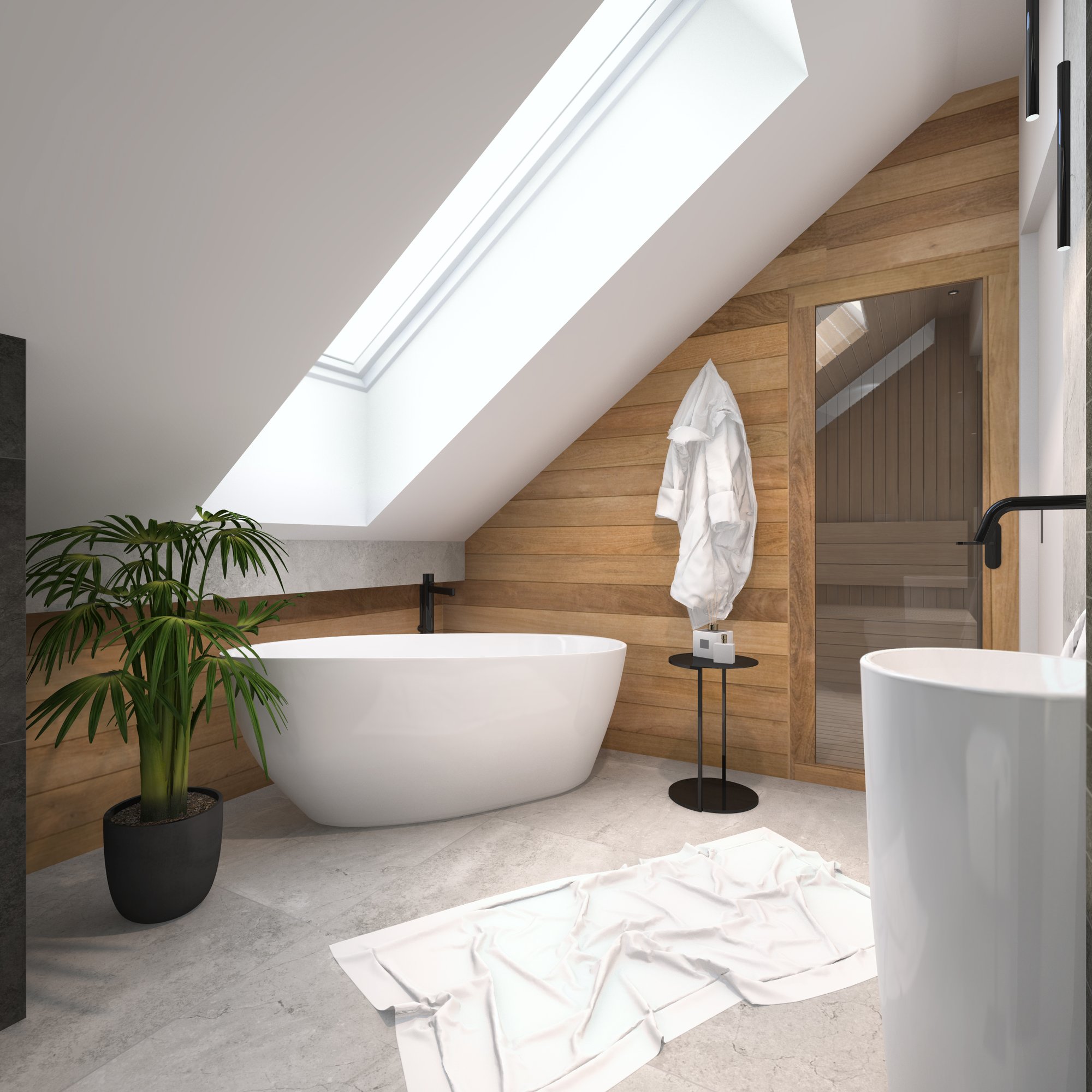 Łazienka typu spa z wolnostojącą wanną — przestrzeń do regeneracji. Łazienka typu spa z wolnostojącą wanną — przestrzeń do regeneracji.